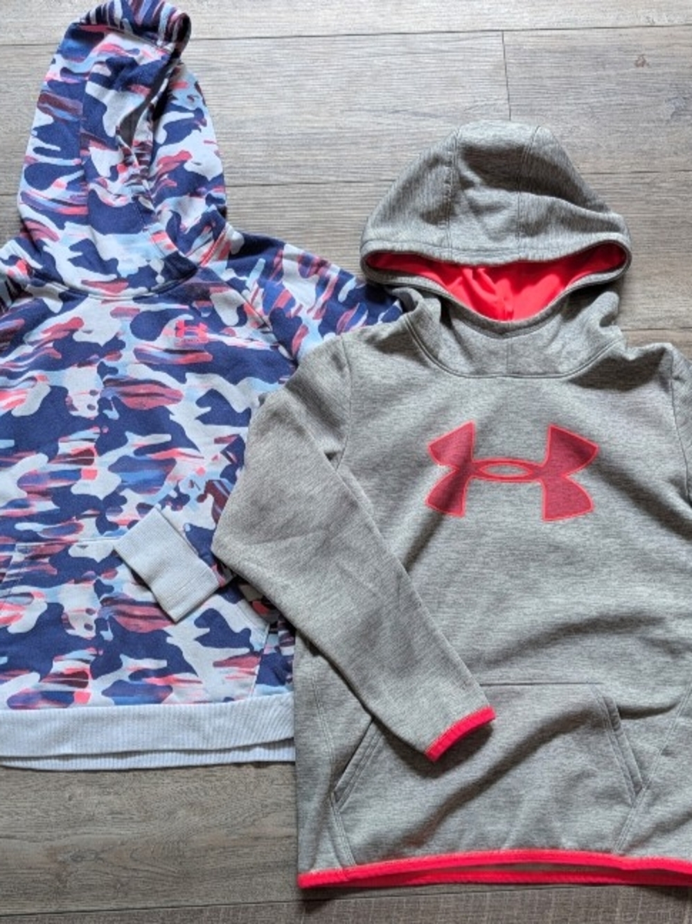 Under Armour Girls' Grey Hoodie with Pink-Trim & Pink-Blue Camo Pullover -Bundle